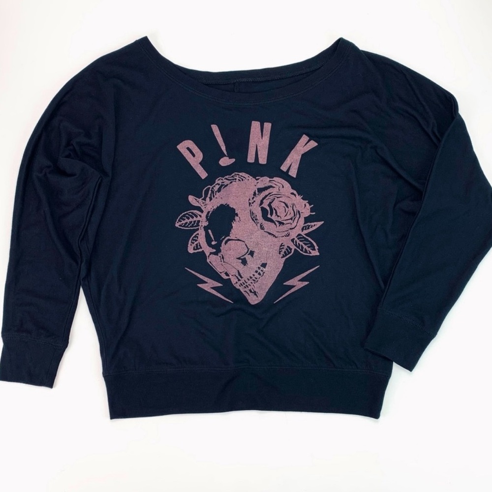 P!nk Raglan Long Sleeve Graphic Boat Neck Tee Black